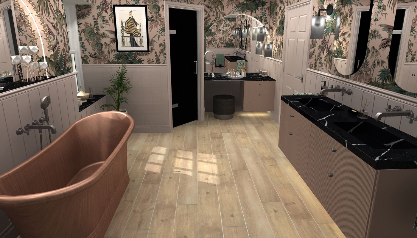 This spacious 3D bathroom design features a freestanding bath, a dual vanity unit, and botanical wallpaper. features a free